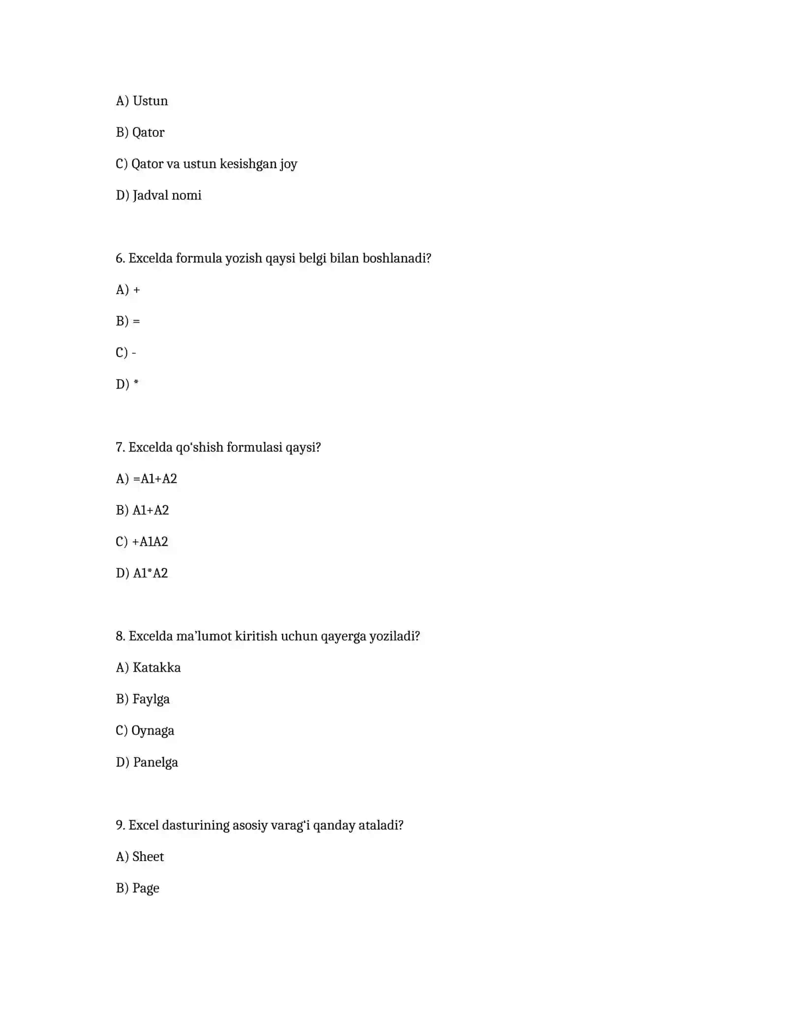 Excel fanidan test (5–6–7-sinflar uchun) 2