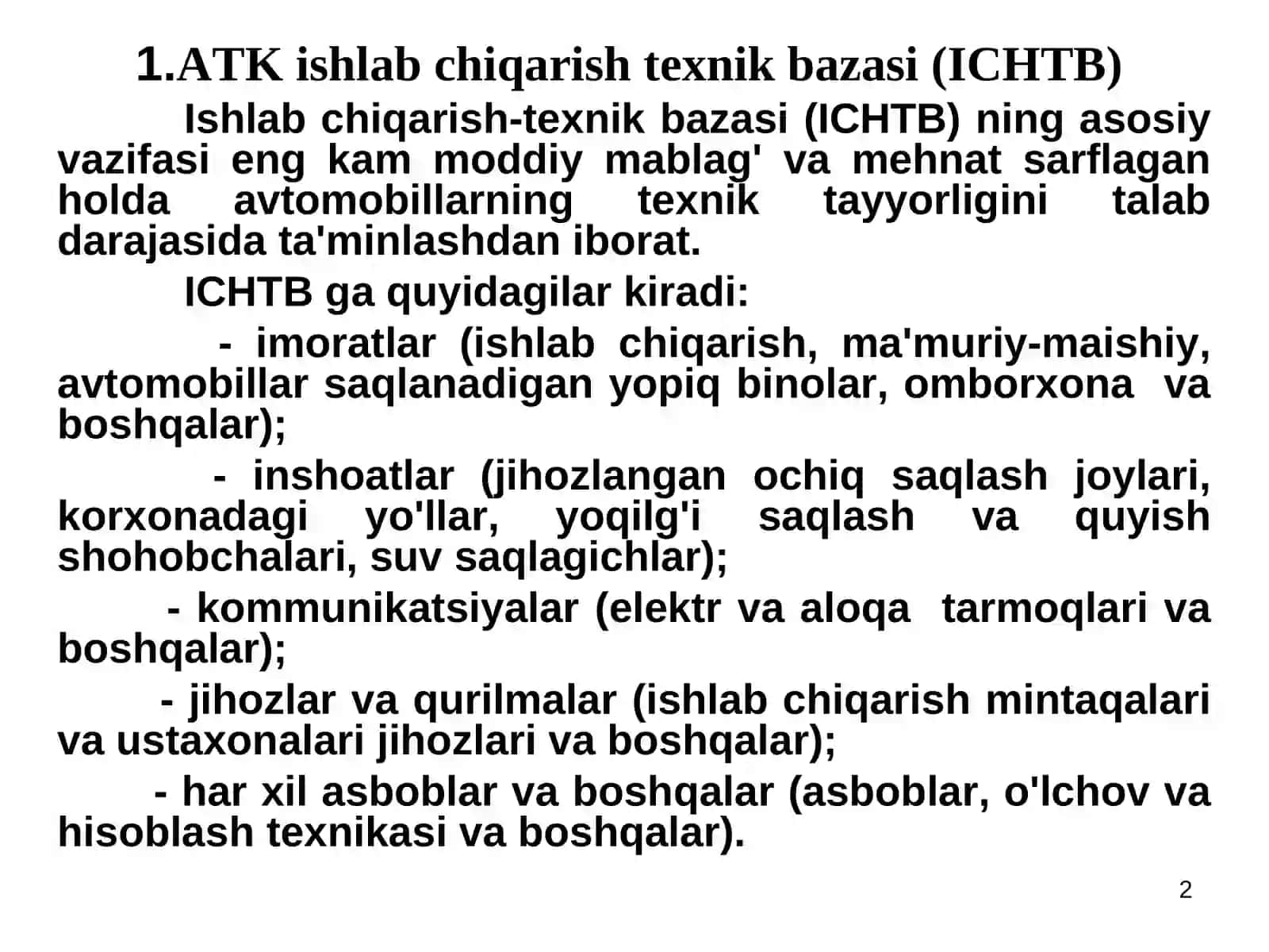 Avtotransport korxonalarining ishlab chiqarish texnik bazasi va ularni loyihalash tartibi 2
