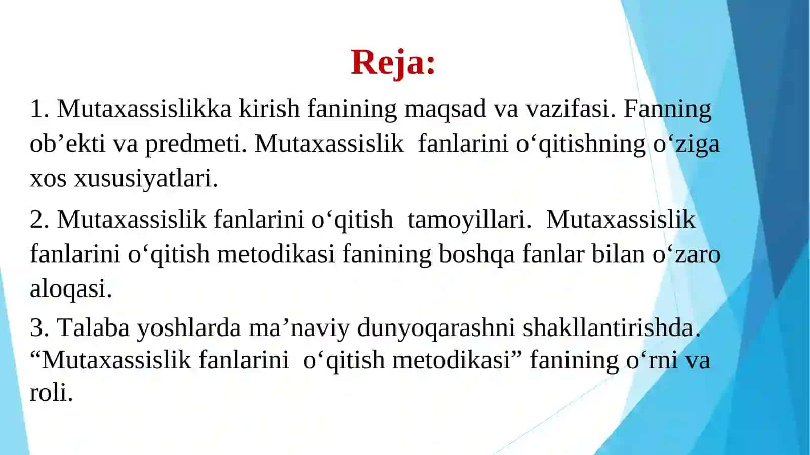 Ma’ruzalar: Mutaxassislikka kirish fansifatida 2