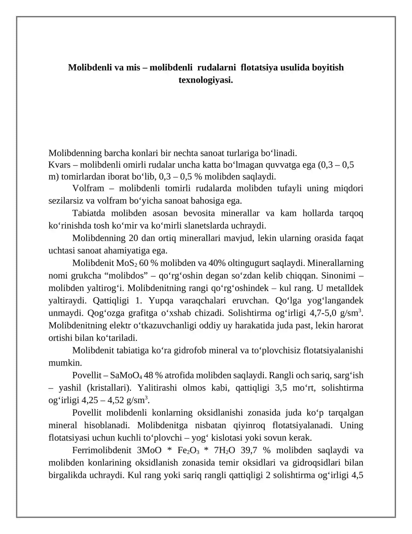Mоlibdеnli va mis – mоlibdеnli  rudalarni  flоtаtsiya usulidа boyitish tехnоlоgiyasi. 2