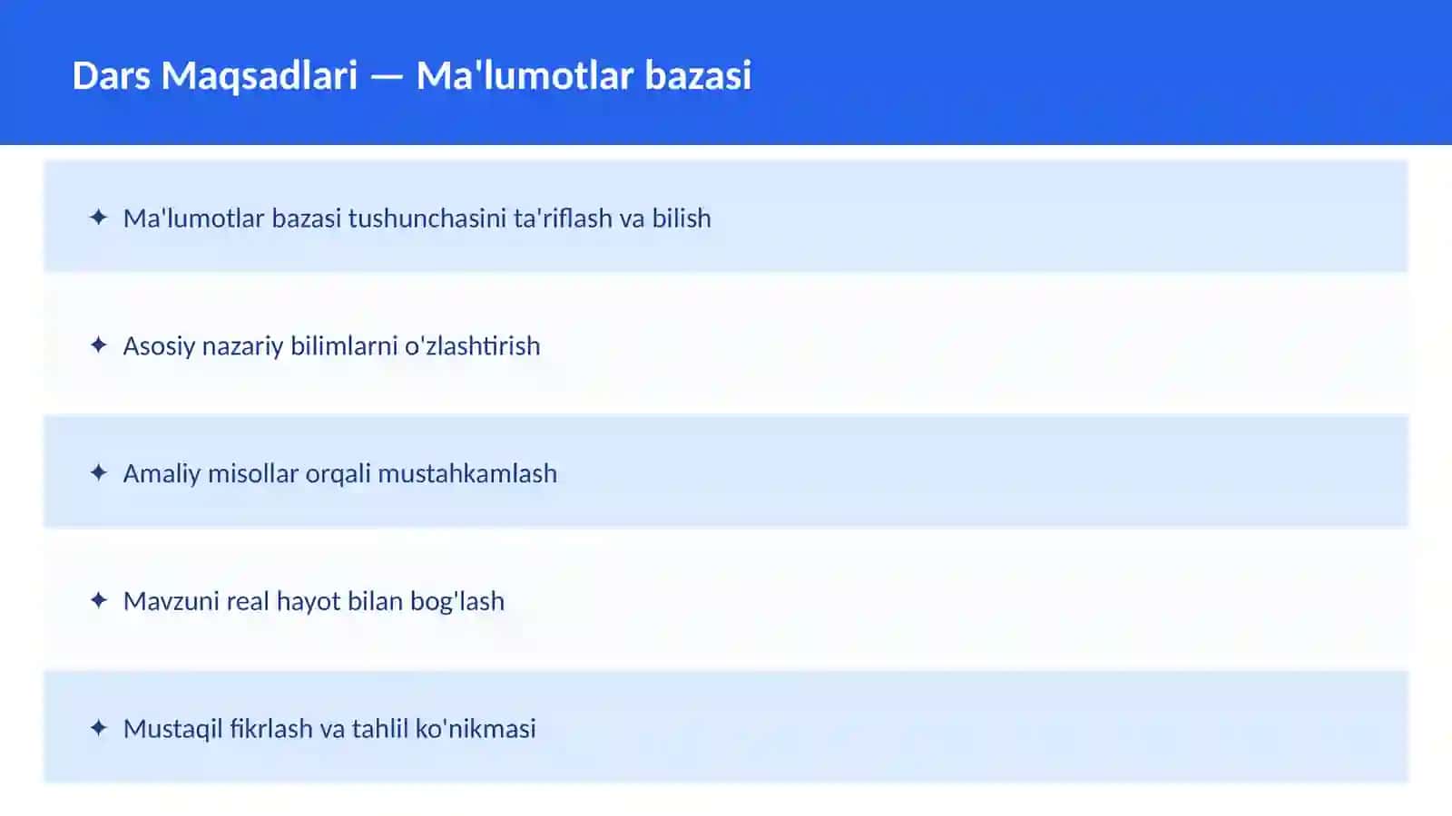 SQL O'qituvchilar va talabalar uchun dars ishlanma 2