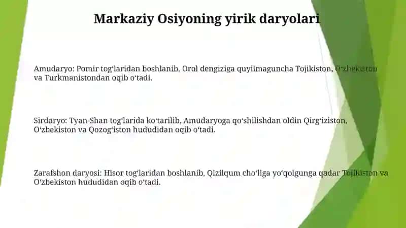 O'Rta Osiyo Daryolari Va Ko'Llariga Tavsif Berish 2
