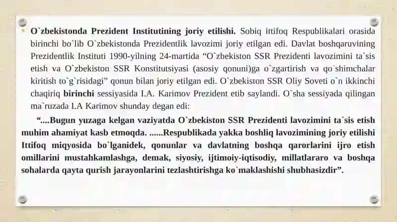 O'zbekistonda demokratik fuqarolik jamiyati asoslarining shakllantirilishi, amalga oshirilgan siyosiy o'zgarishlar 2