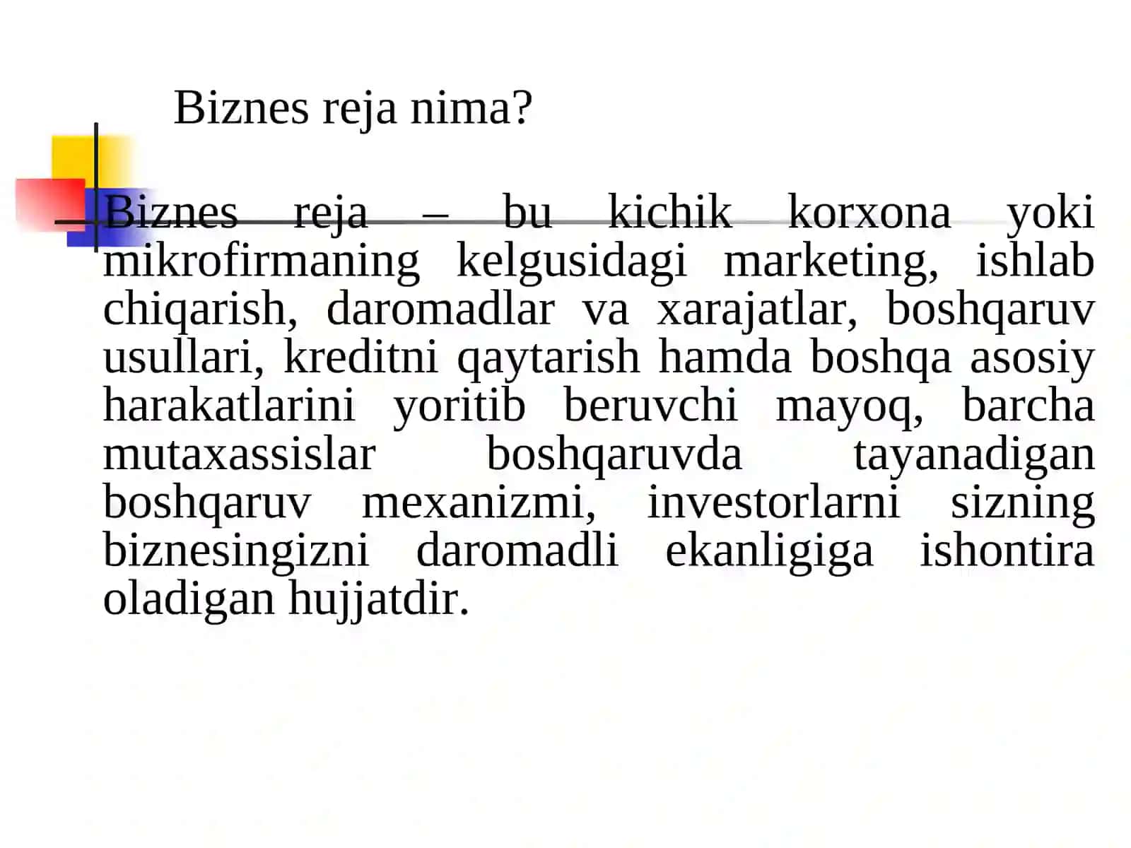 INVESTITSIYA LOYIHASINING BIZNES REJASI(4-SOAT) 2