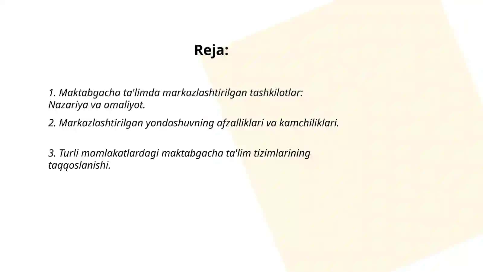 Turli mamlakatlardagi maktabgacha taʼlimda markazlashtirilgan tashkilotni qoʻllash 2