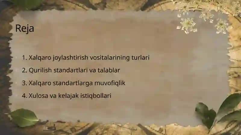 Turizmda Xalqaro joylashtirish vositalari klassifikatsiyasi va qurilish standardlari 2