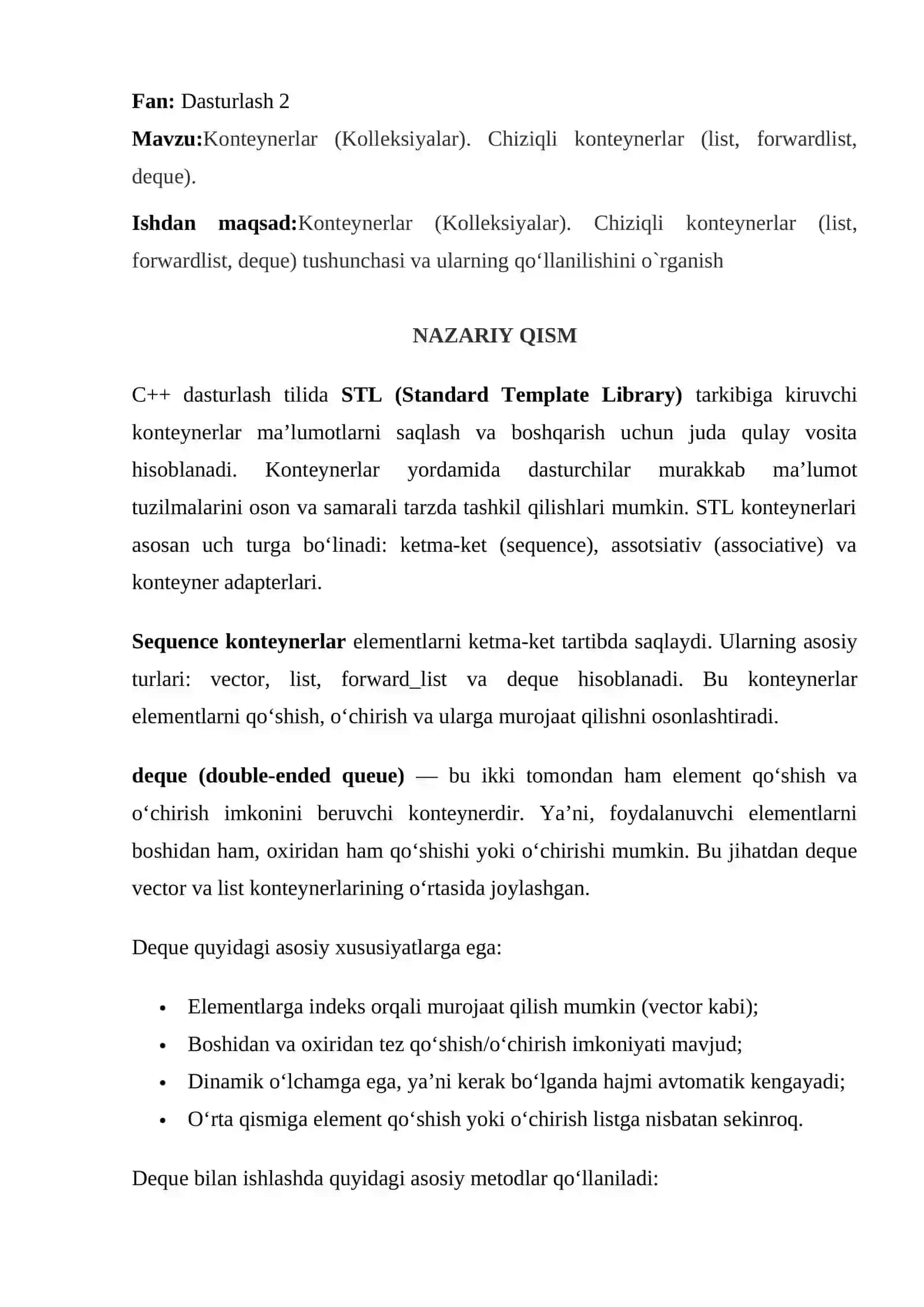 Konteynerlar (Kolleksiyalar). Chiziqli konteynerlar (list, forwardlist, deque) 2