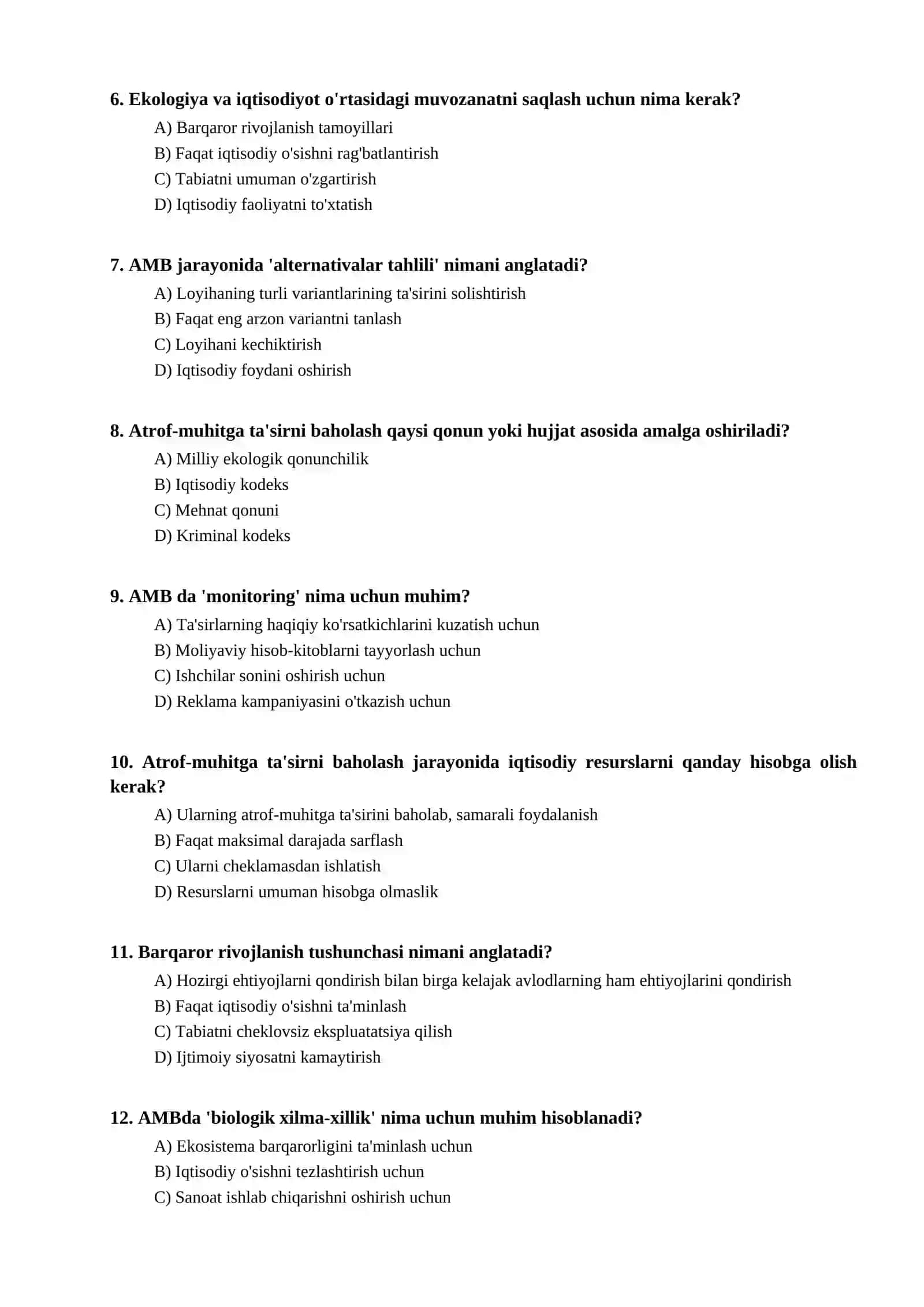 Ekologiya va iqtisodiyot o'rtasidagi bog'liqlik: Atrof-muhitga ta'sirni baholash (AMB) nazariy asoslari bo'yicha test 2