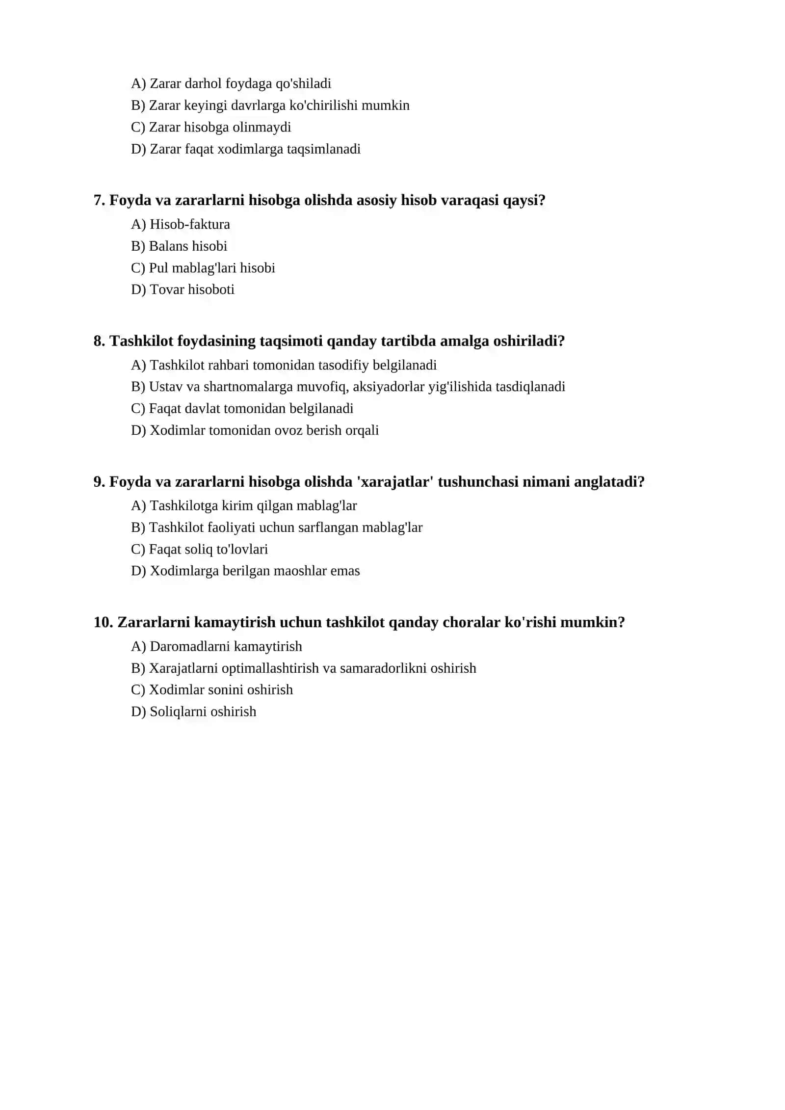 Tashkilotlarda foyda va zararlarni hisobga olish va taqsimlash bo'yicha test 2
