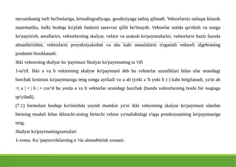 Ikkivektorningskalyarko‘paytmasi.Ikkivektororasidagiburchak.Ikkivektorningparallelikvaperpendikulyarlikshartlari. 2