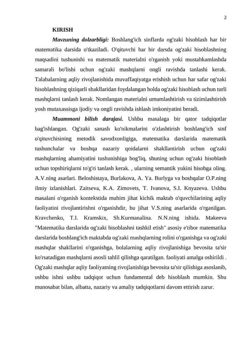 Boshlang'ich sinflarda og'zaki hisoblash 2
