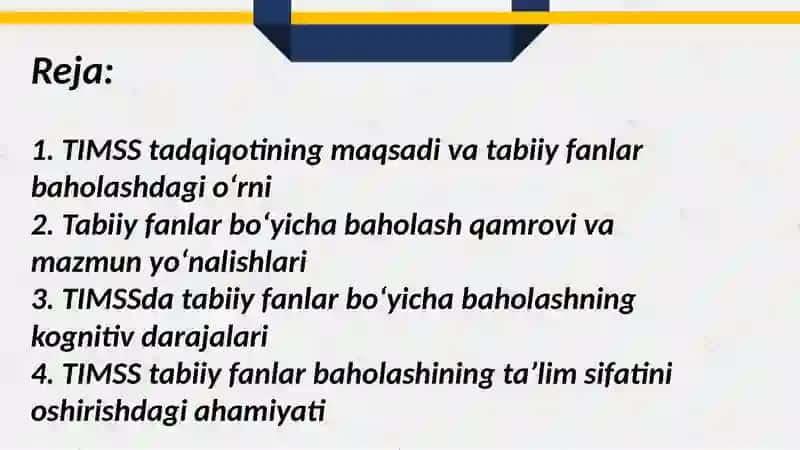 TIMSS tadqiqotining tabiiy fanlar baholash qamrovi doirasi mazmuni 2