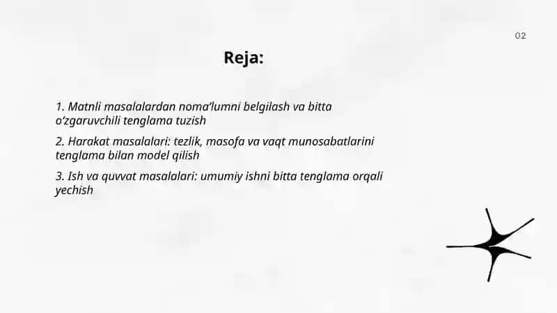 Bir oʻzgaruvchili tenglamalar bilan yechiladigan murakkab masalalarni yechishga oʻrgatish 2