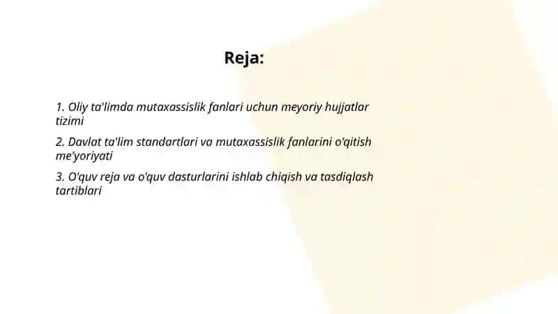 Oliy ta’limda mutaxassislik fanlarini o‘qitish metodikasida meyoriy hujjatlar 2