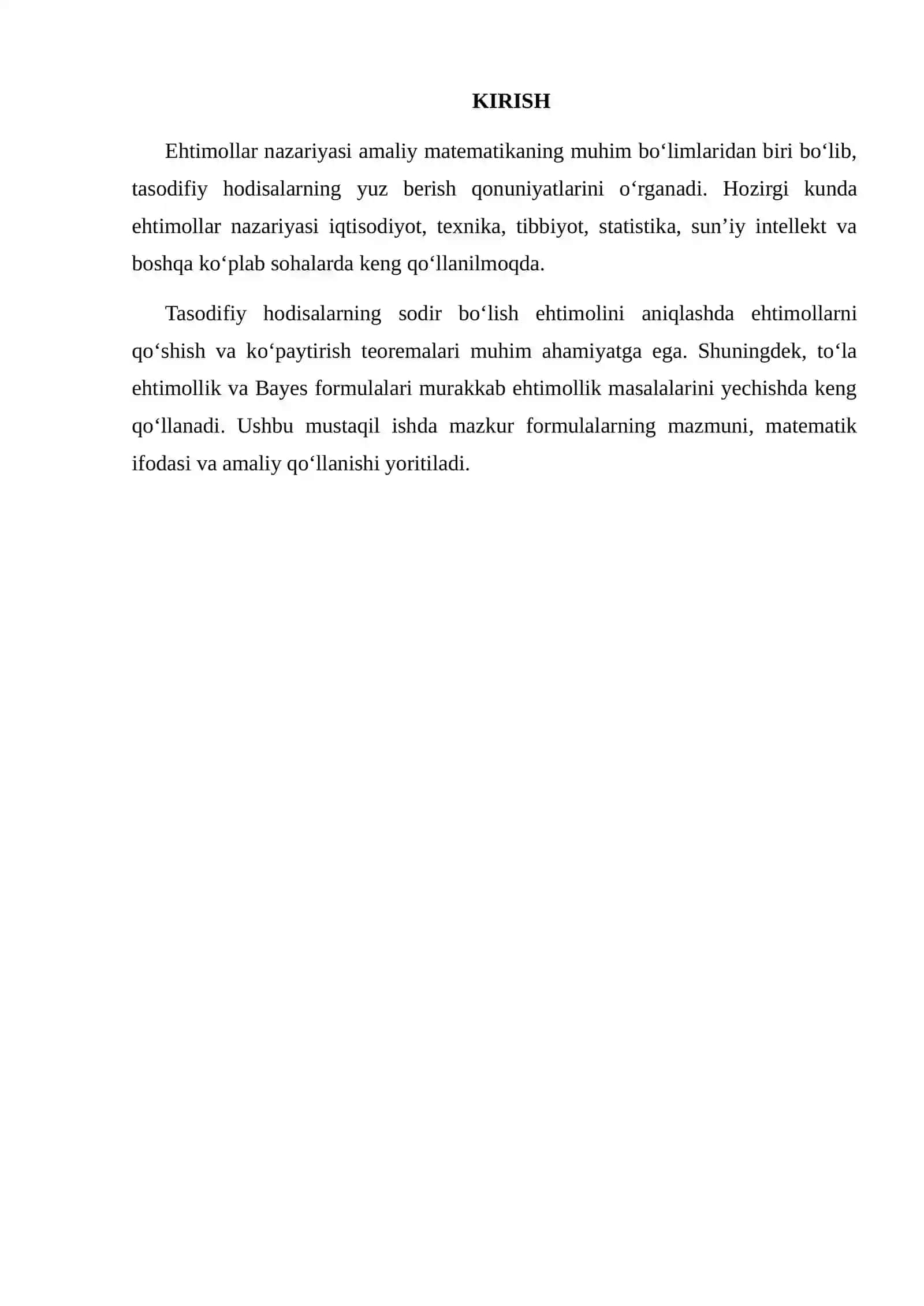 EHTIMOLLARNI QO‘SHISH VA KO‘PAYTIRISH TEOREMALARI. TO‘LA EHTIMOLLIK VA BAYES FORMULALARI 2