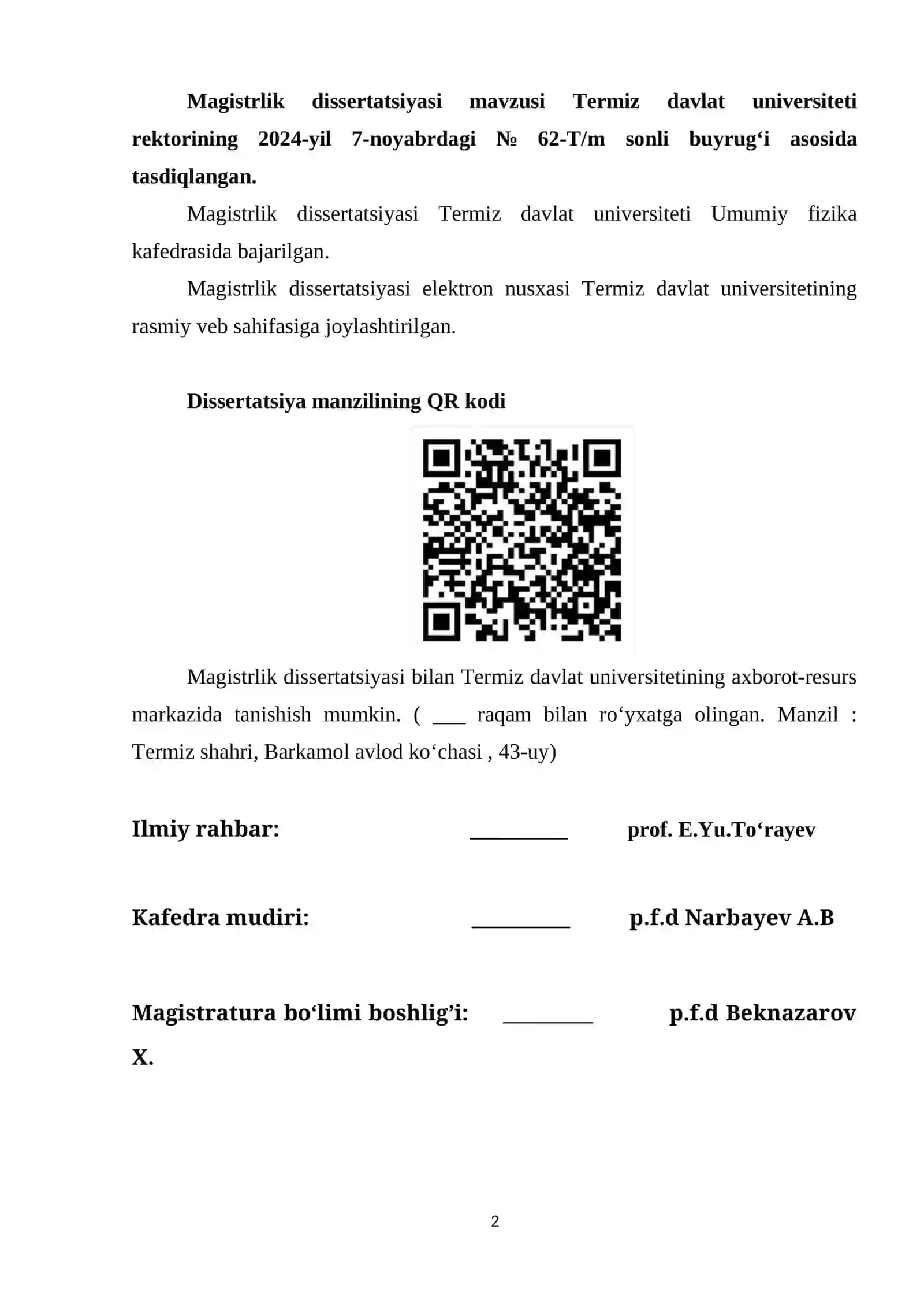 Magistrlik dissertatsiyasi mavzusi Termiz davlat universiteti 2