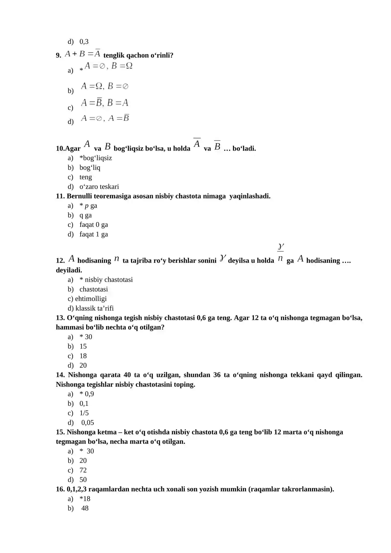 Ehtimollar nazariyasi fanidan test 2