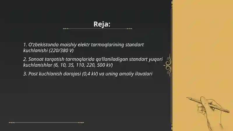 Oʻzbekistonda mavjud standart kuchlanishlar va uni tanlash sohasi 2