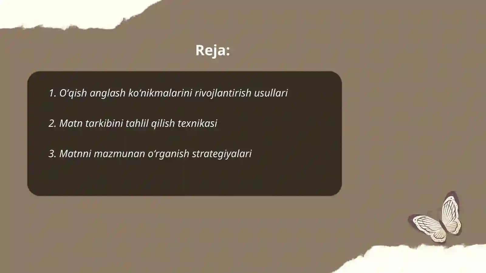 Oʻquvchilarga oʻqib tushunish anglash koʻnikmasi,oʻqish koʻnikmalarini shakllantirish texnikasi oʻqib tushunish strategiyalari 2