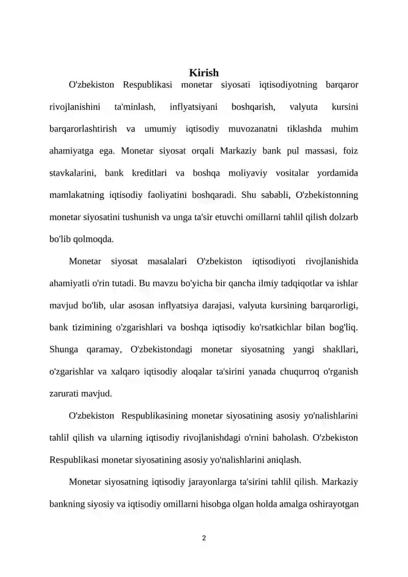 Monetar siyosatining maqsadi, maqsadi ko'rsatkichlari va asosiy yo'nalishlari 2