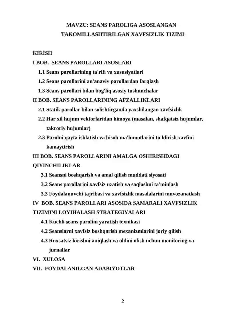 Seans paroliga asoslangan takomillashtirilgan xavfsizlik tizimi 2