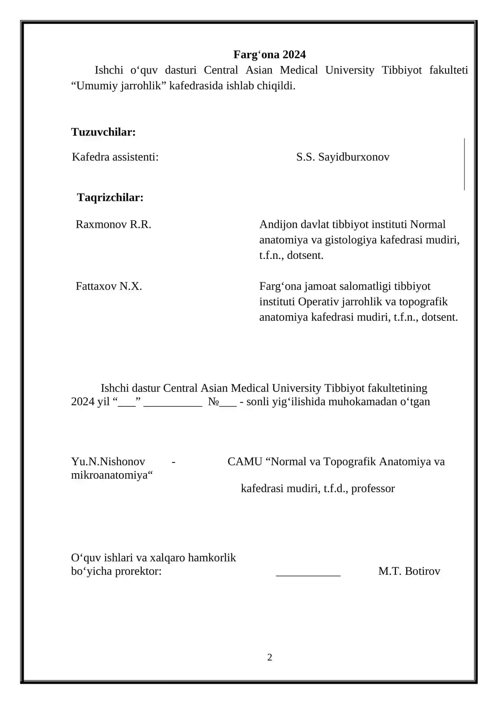 KLINIK ANATOMIYA (OPERATIV XIRURGIYA VA TOPOGRAFIK ANATOMIYA) ISHCHI O‘QUV DASTURI 2