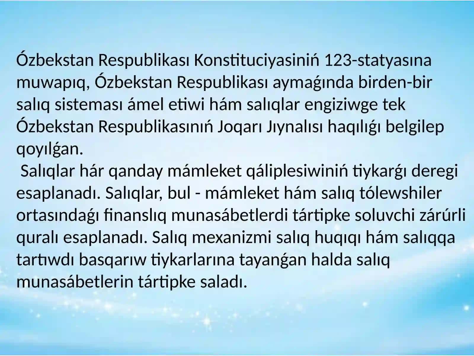 Ózbekstan Respublikası salıq siyasatındaǵı tiykarǵı  mashqalalar. 2