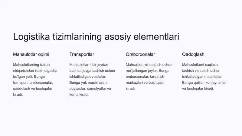 Logistika tizimlari elementlarining xususiyatlari 2