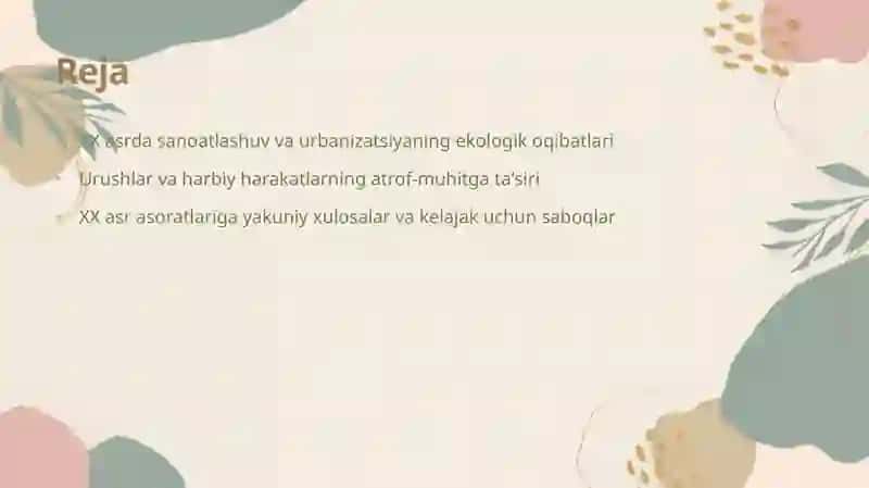 XX asrda sanoatning rivojlanishi va shaharlarning kengayishi atrof-muhitning misli ko'rilmagan darajada ifloslanishiga olib keldi 2