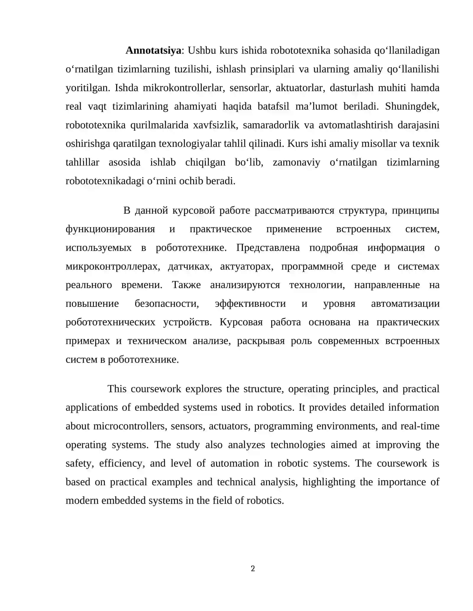 ROBOTOTEXNIKA SOHASIDA O‘RNATILGAN TIZIMLAR KURS ISHI ISHIGA HISOBOT YOZUVI 2