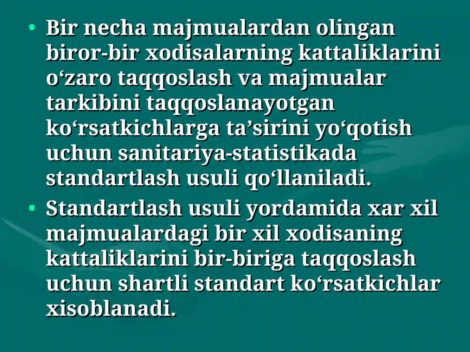 Standartlash usuli statistik taxlilda qo`llanilishi 2