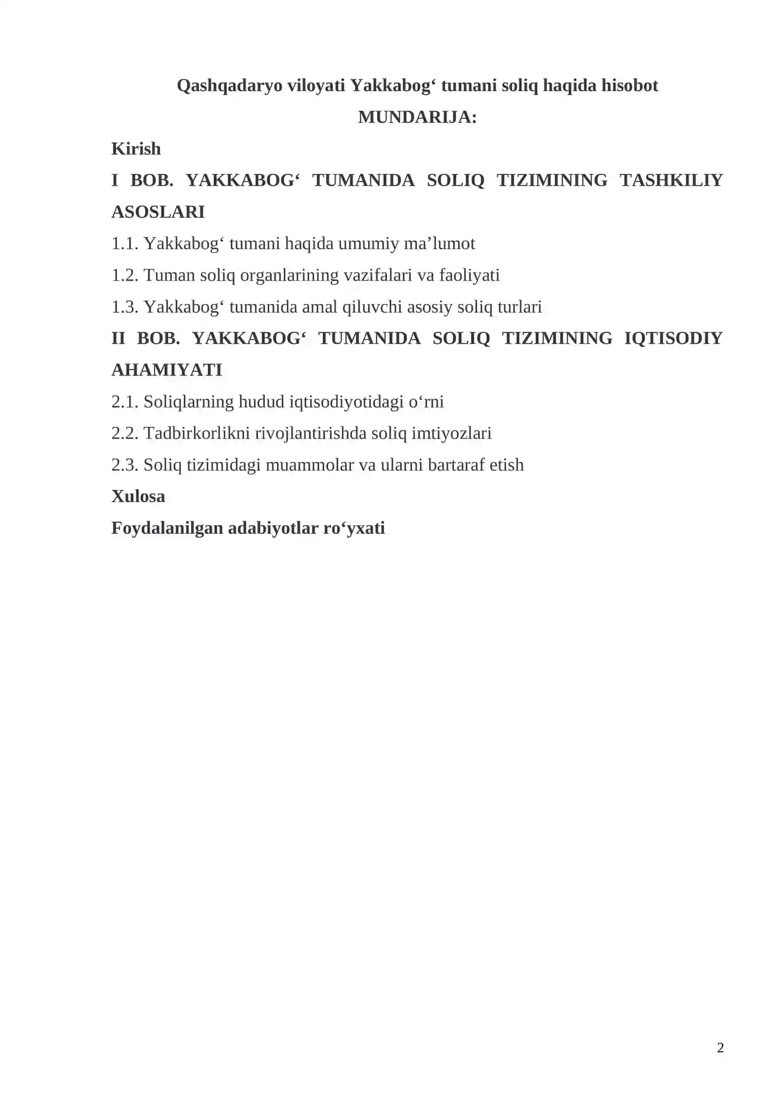 Qashqadaryo viloyati Yakkabog‘ tumani soliq haqida hisobot 2