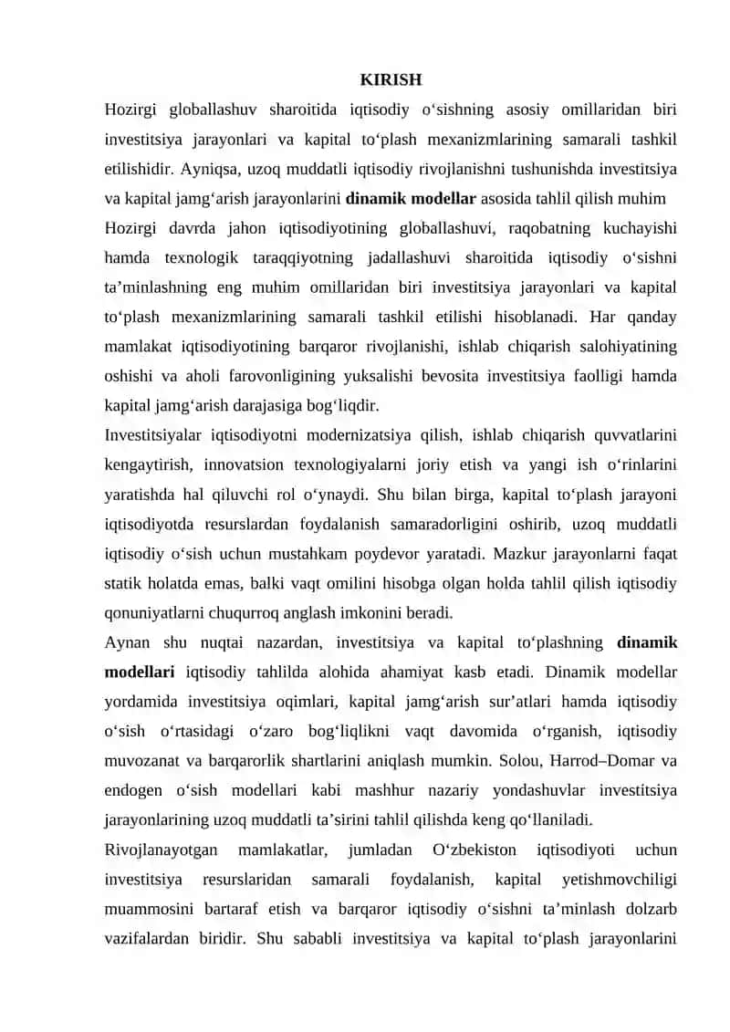 INVESTITSIYA VA KAPITAL TO‘PLASHNING DINAMIK MODELLARI 2