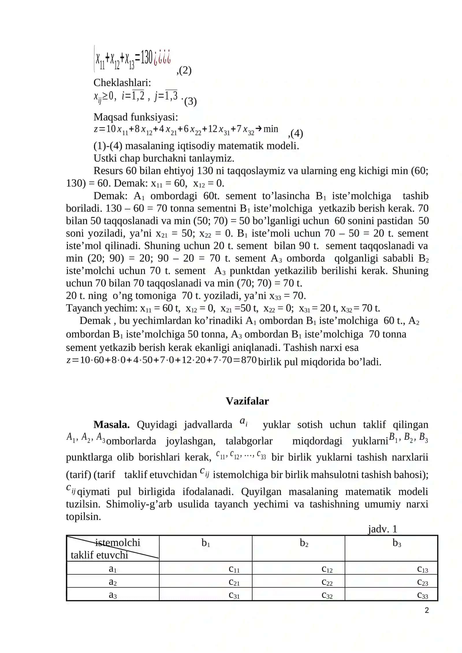 26-amaliy mashg’ulot.Transport masalasining qo’yilishi va matematik modeli 2
