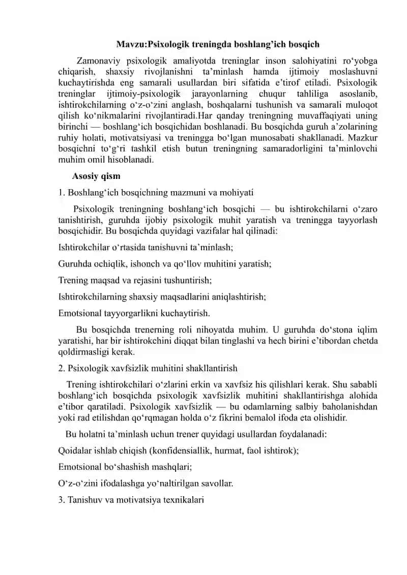 Psixologik treningda boshlang’ich bosqich 2