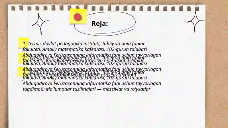 Abduqodirova Feruzaxonning informatika fani uchun tayyorlagan taqdimoti 2