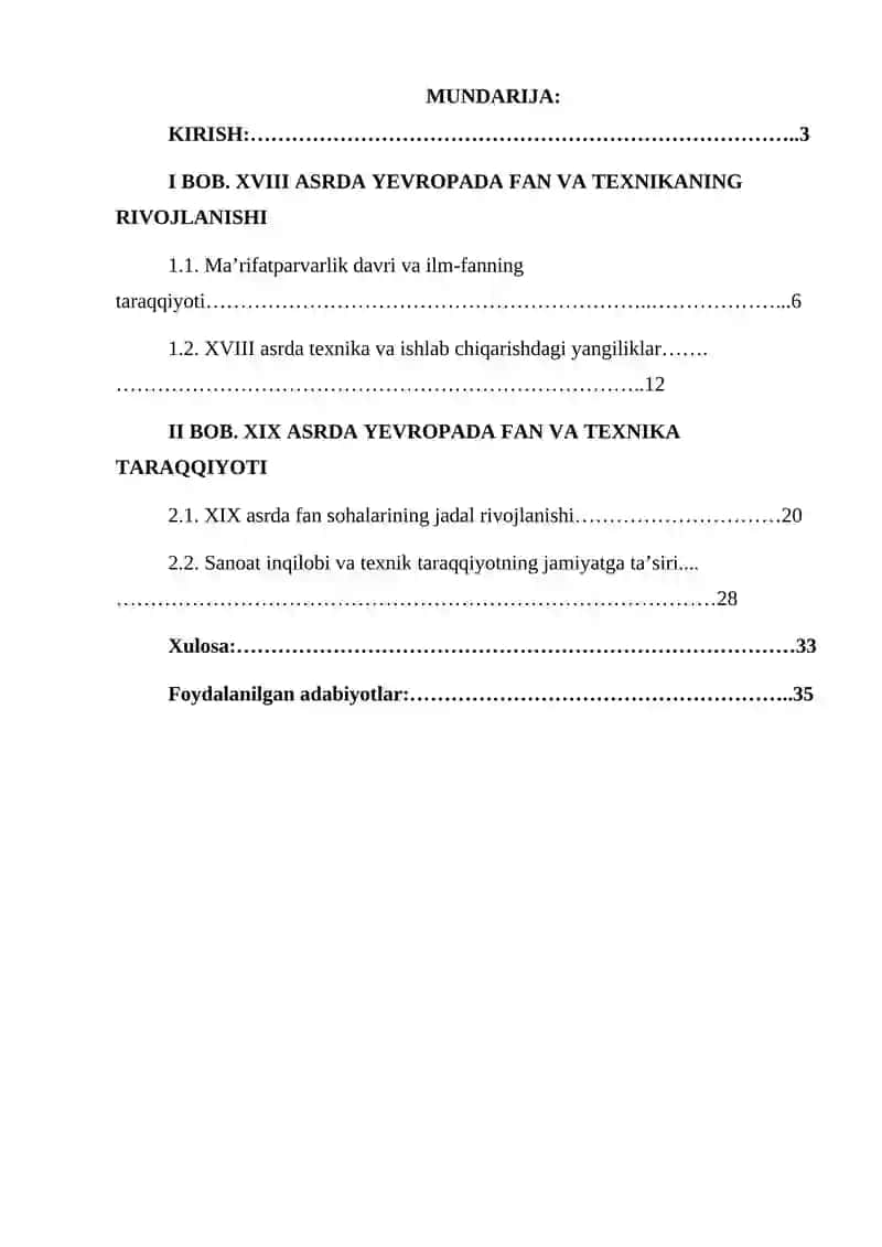 XVIII – XIX asrlarda Yevropada fan va texnikaning rivojlanishi KURS ISHI 2