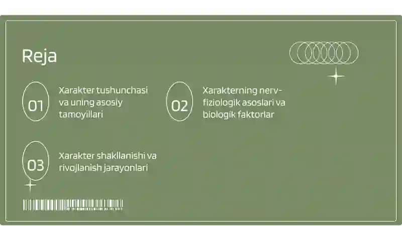 Xarakter haqida tushuncha. Xarakterning nerv-fiziologik asoslari. Xarakter shakllanishi. Xarakter tuzulishi va xususiyatlari. 2