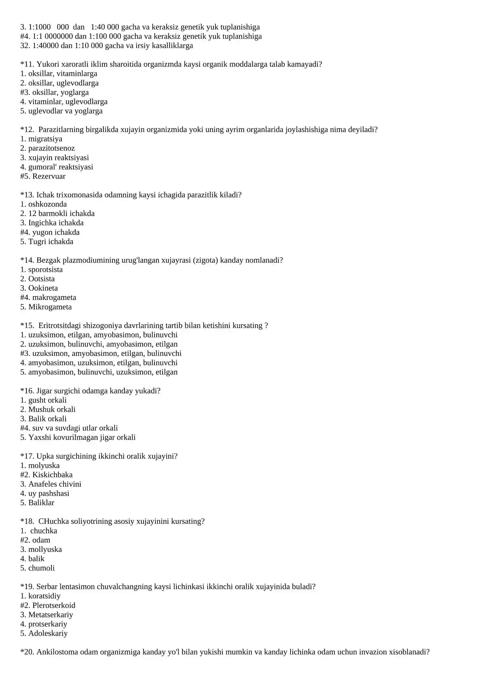 Tibbiy biologiya.Umumiy genetika fanidan o'zbekcha test savollari 2