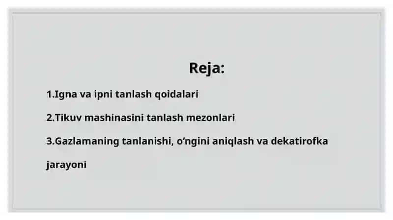 Igna ip va tikuv mashinalarni tanlash gazlamaning oʻngini tanlash,dekatirofkasi 2