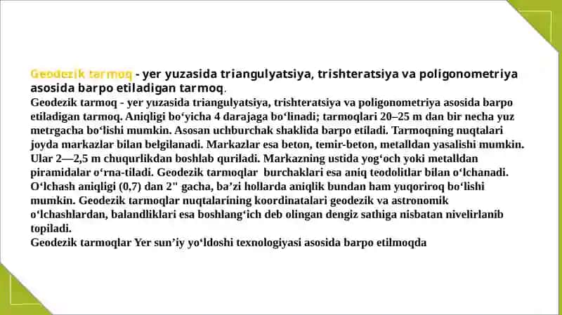 Geodeziktayanch tarmoq va burchak usullarini o'rganish 2