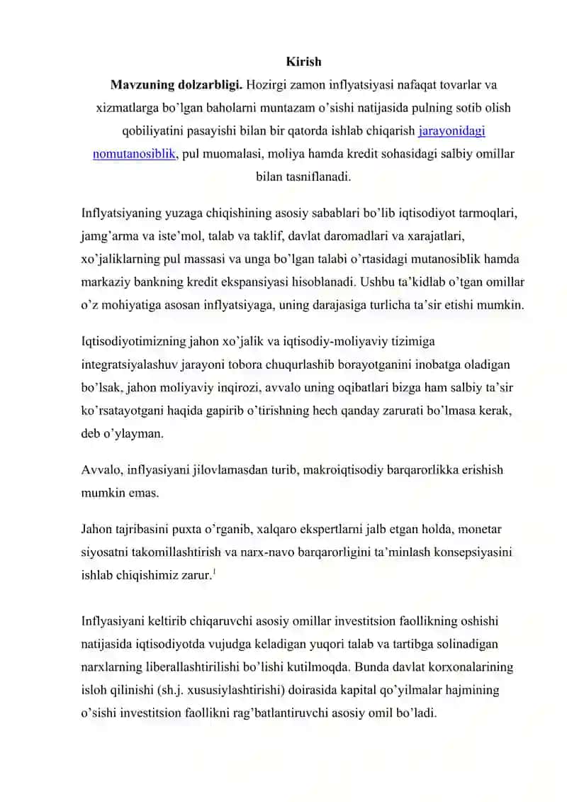 Inflyatsiya tushunchasi va uning iqtisodiy mazmun mohiyati | Kurs ishi | Iqtisodiyot 2