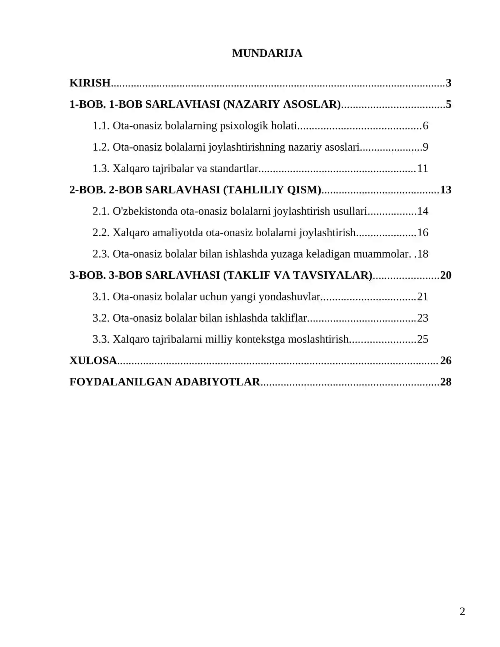 "Ota ona qaramog'isiz bolalarni joylashtirishning ichki va xalqaro usullarini tahlili." 2