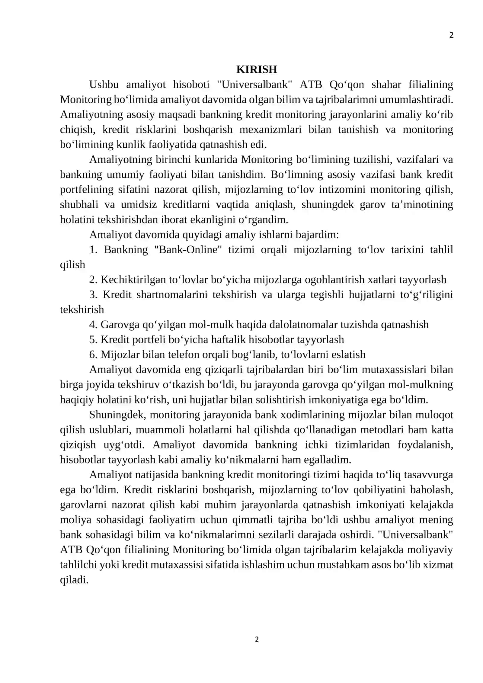 Ushbu amaliyot hisoboti "Universalbank" ATB Qoʻqon shahar filialining Monitoring boʻlimida amaliyot davomida olgan bilim va tajribalarimni 2