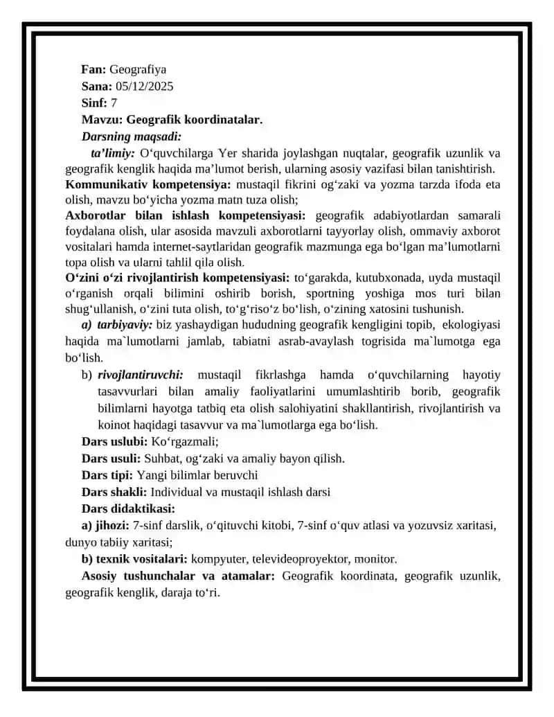 Dars ishlanma. Geografik koordinatalar 2