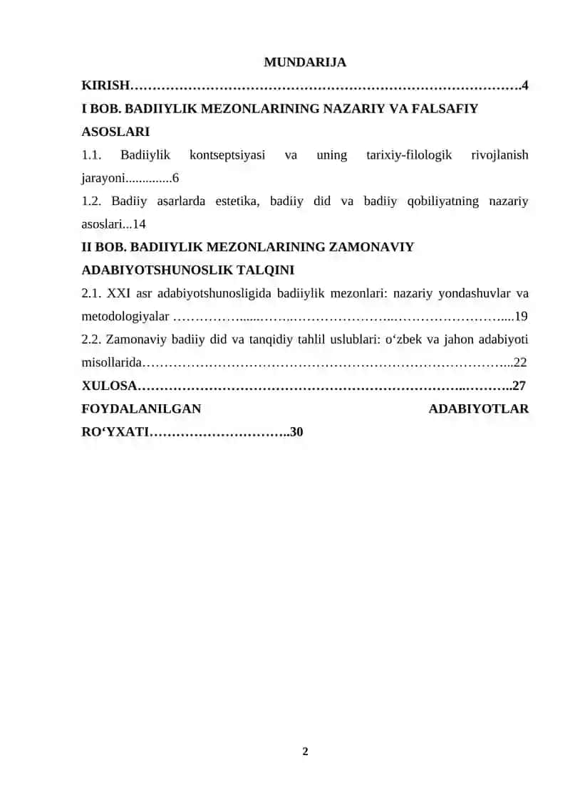Adabiyot nazariyasi fanidan “Badiiylik mezonlari va ularning zamonaviy talqini” KURS ISHI 2