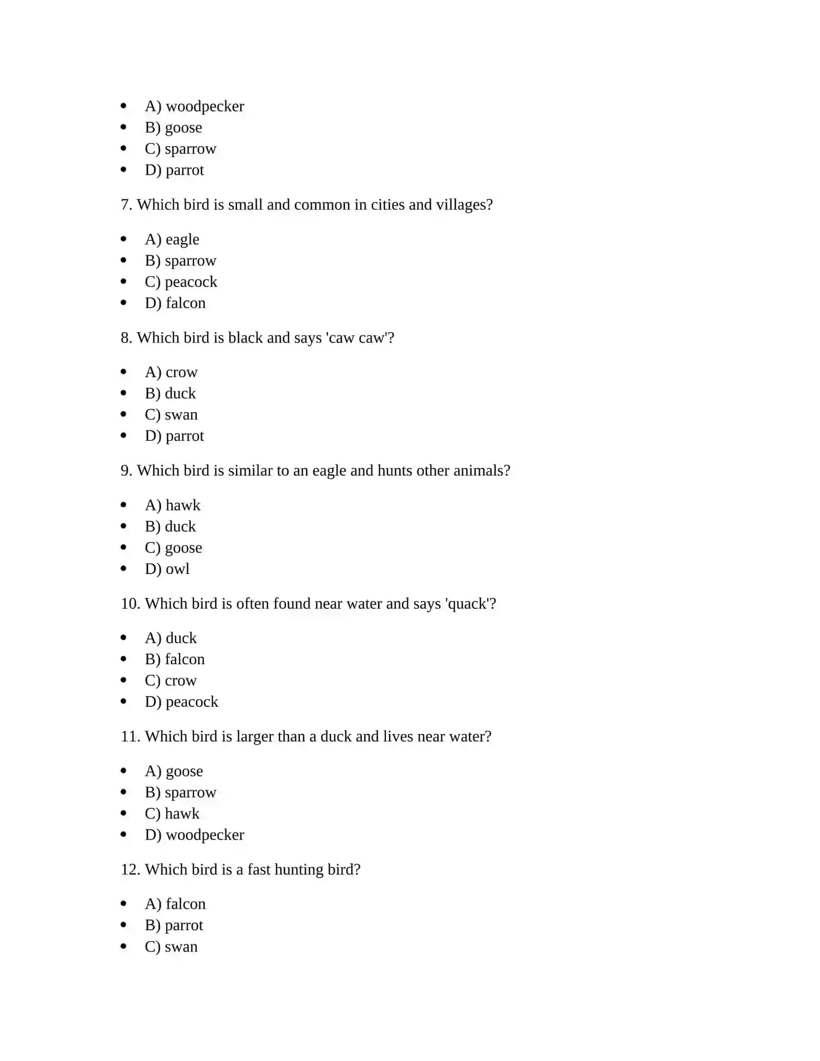 WILD BIRDS QUIZ TEST 2