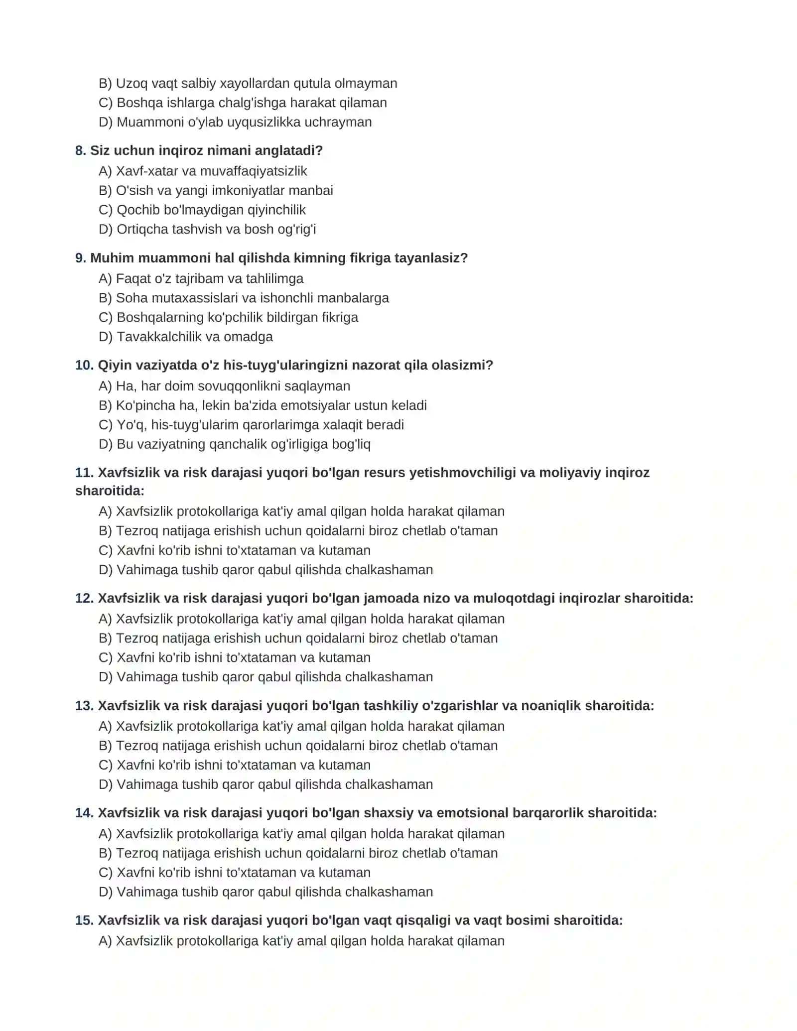 INQIROZLI VAZIYATLARDA QAROR QABUL QILISH VA STRESSGA CHIDAMLILIK DIAGNOSTIK TESTI 2