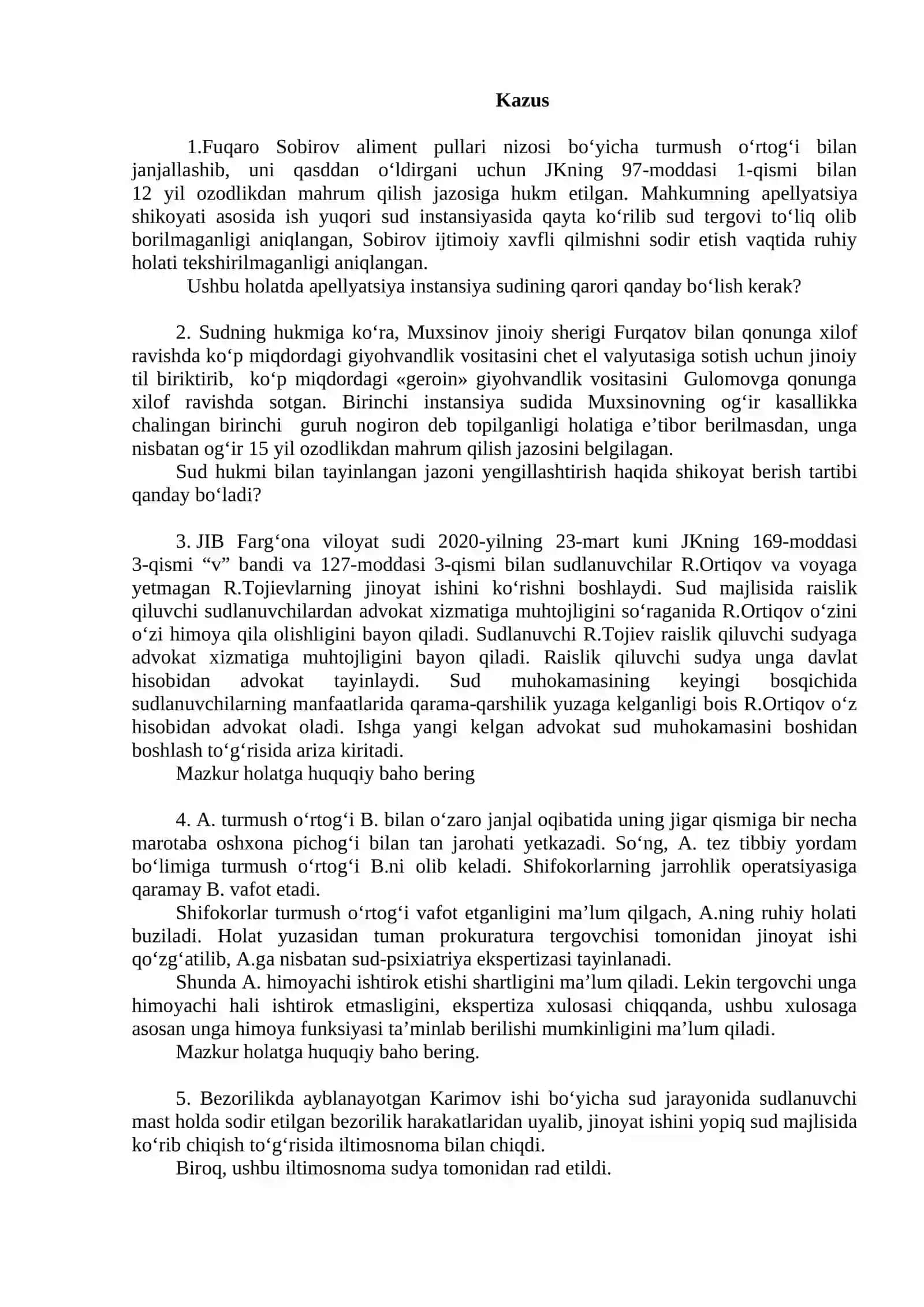 Jinoyat protsessual huquqidan yakuniy nazorat savollari 2
