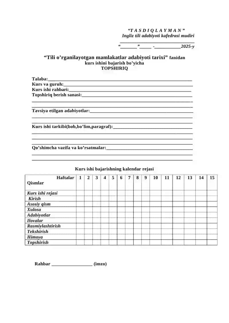 Kurs ishi bajarish bo’yicha TOPSHIRIQ 2